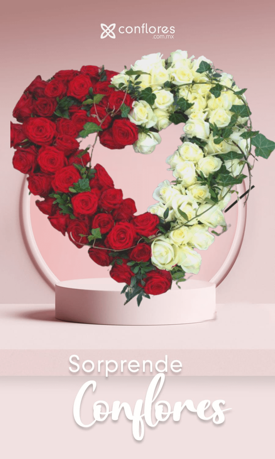 Corazón De Rosas Rojas y Blancas A Domicilio Florería conflores