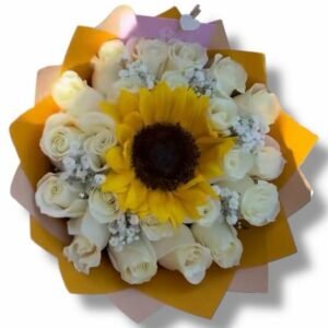 Ramo de Rosas Blancas y Girasol Love