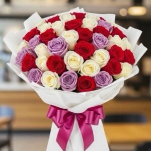 Ramo de Rosas Rojas Moradas y Blancas 